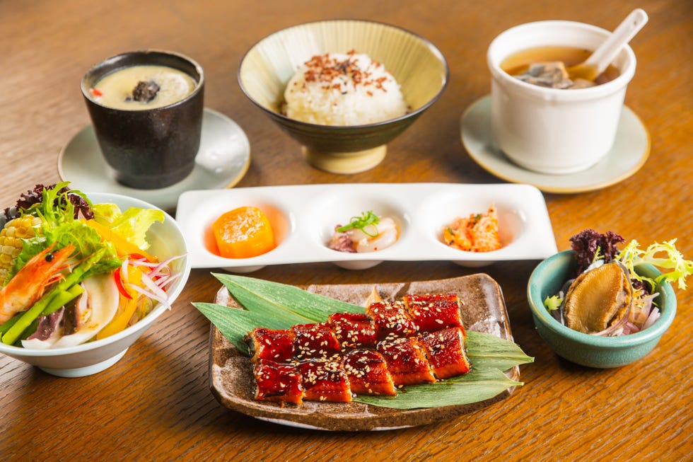 a table is filled with food