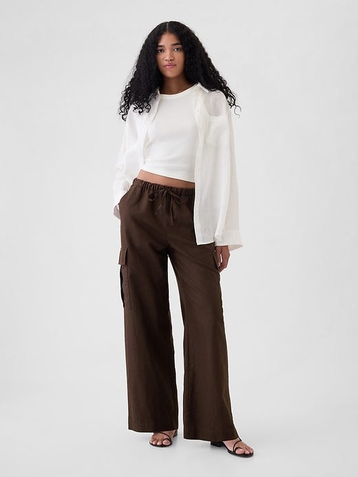 Mid-Rise Linen Pull-On Cargo Pants