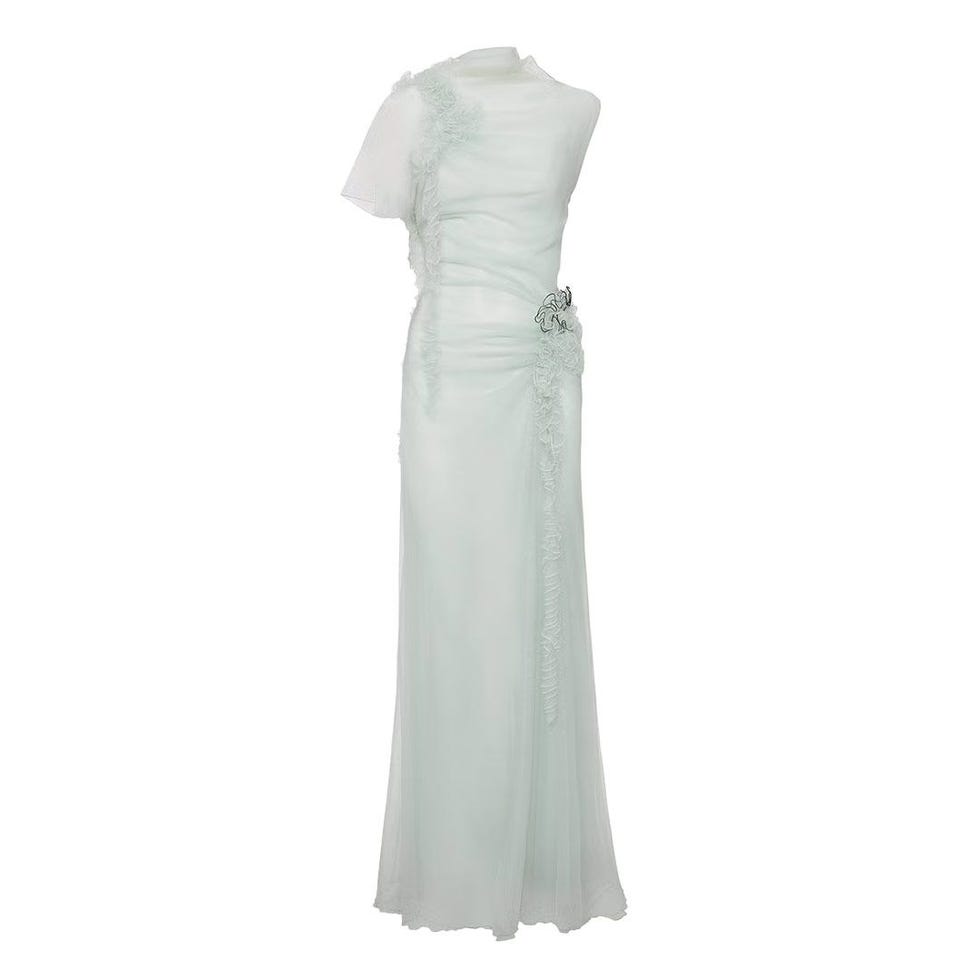 Gathered Tulle Detail Floor-Length Dress In Jade