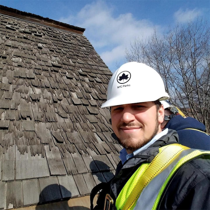 HHT Capital Team from NYC parks working on restoring an old wooden roof