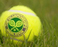 Tennis ball in grass sporting the Wimbledon logo