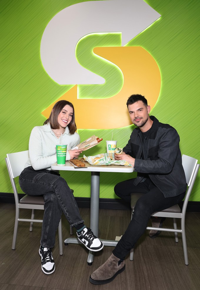 **EXCLUSIVE** PhotoCredit: MOVI Inc. Date:02/08/2024 Taylor and Tay Lautner taste Subway’s new Sidekicks in Los Angeles. Subway partnered with the duo to promote its new shareable snacks – footlong cookies, churros and pretzels.