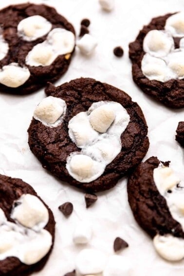 Overhead of mexican hot chocolate cookies topped with toasted marshmallows.