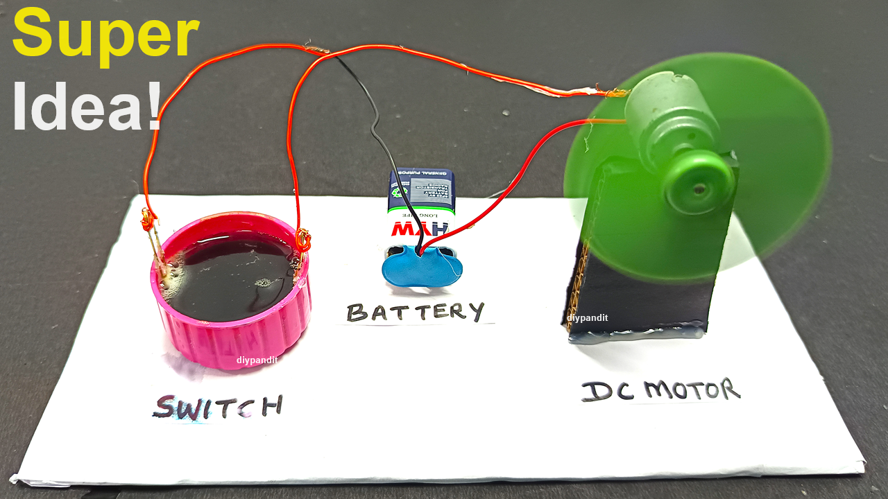 simple electric circuit working model - creative ideas - switch (syringes) - dc motor - 9v battery - science exhibition - diypandit