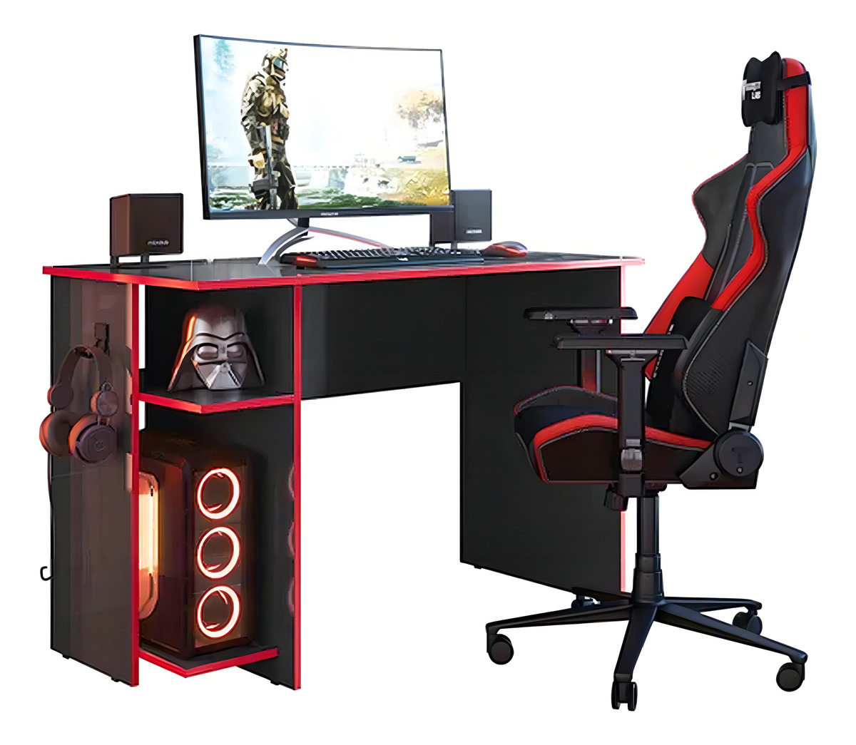 Mesa Gamer Escrivaninha 2 Prateleiras 3875 Qmovi Cor Preto Com Vermelho