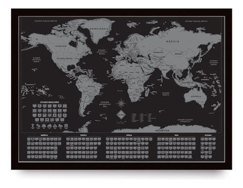 Mapa Mundi Raspadinha C/ Bandeiras 42x60 Com Moldura