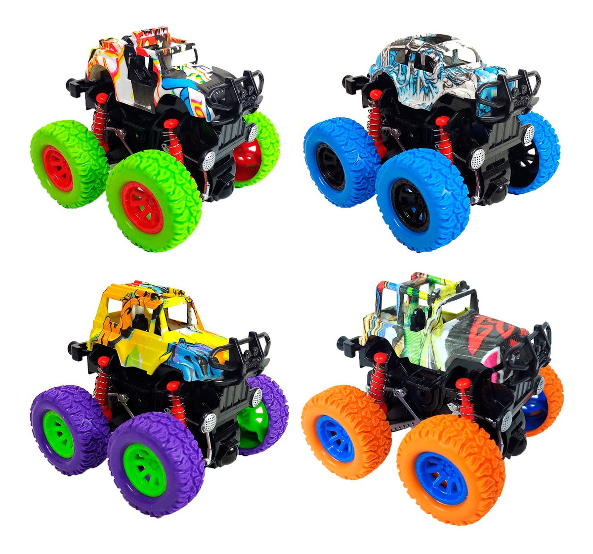 Kit 4 Carrinho Monster Truck Fricção Color Pick Up Hip Hot Cor Coloridos