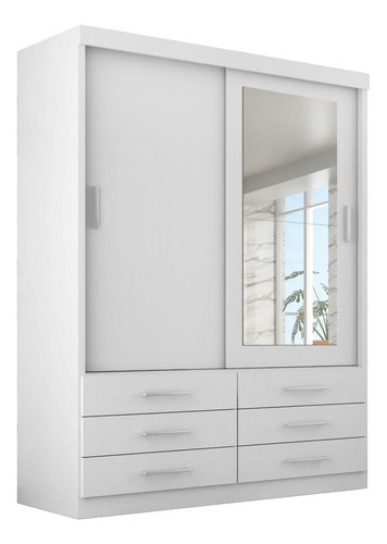 Guarda Roupa Solteiro Capri 2 Portas 6 Gav C/ Espelho Cor Branco