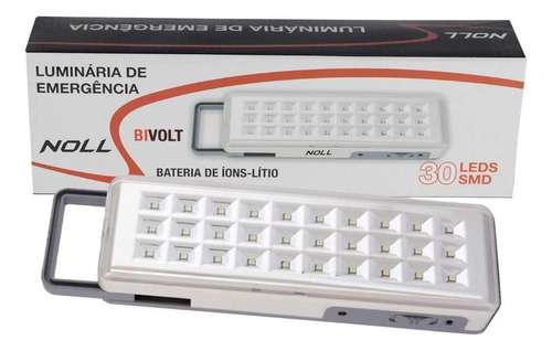 Luminária de Emergência com Bateria Recarregável Lítio 30 Leds Abs de Alto Impacto com lente Acrílico 120 lúmens fixa parede ou portátil 30W até 6 horas de Autonomia Resistente até 70 graus Bivolt Noll