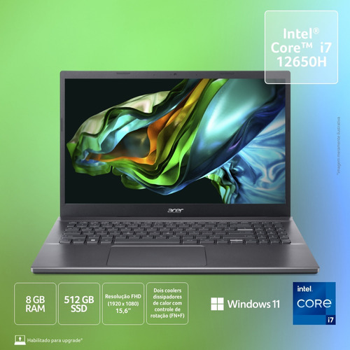 Notebook Acer Aspire 5 Intel® Core™ i7–12650H 15.6" UHD para processadores Intel 512GB SSD 8GB RAM Windows 11 Home 64-bits - A515-57-76MR