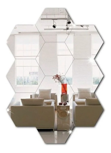 Espelho Em Acrilico Decorativo Hexagonal Kit Com 10 Moldura Prata