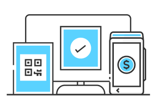 Ícones de um computador com símbolo de sucesso, um telefone com símbolo de $ e um cartão com um qr code.