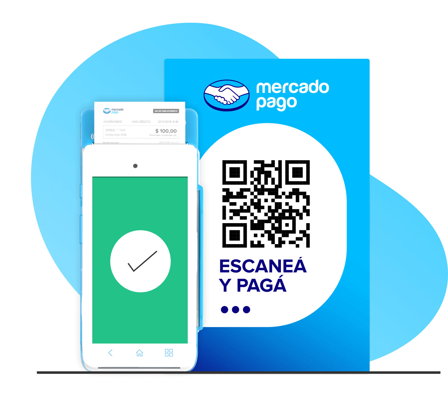 Un point de Mercado Pago junto a una tarjeta para tiendas que muestra un código QR para compras.