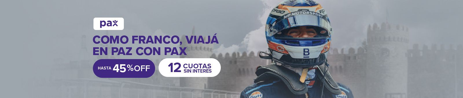 como franco colapinto, viaja en paz, viajá con pax. hasta 50% off y 12 cuotas sin interés