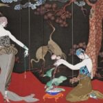 Piece of art showing two women in elegant clothing, their background shows a mural with trees and two herons.