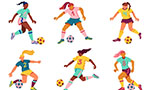 Ilustração vetorial retangular e horizontal. Seis figuras femininas dispostas em 3x3 usando uniforme esportivo, cada uma fazendo movimentos com uma bola de futebol. Elas têm tom de pele e estilos de cabelo variados, usam shorts, chuteira e camiseta com número. As cores das roupas e das bolas variam entre rosa, amarelo, azul e verde. Os rostos não tem detalhes. Tons bem coloridos, mas também um pouco pastel. Fundo branco.