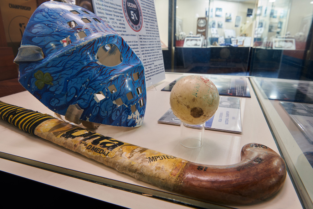 field hockey stick, ball, and mask