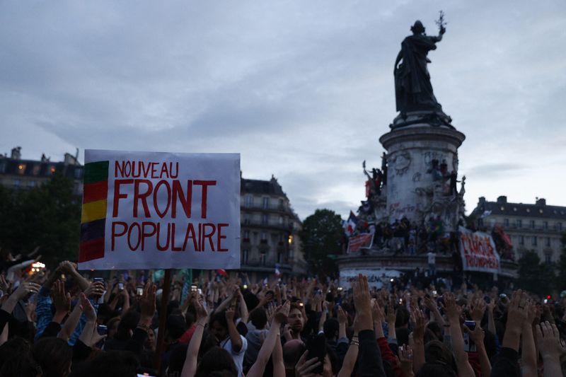 &copy; Reuters. People raise their arms and hands as they gather at the Place de la Republique after partial results in the second round of the early French parliamentary elections, in Paris, France, July 7, 2024. The slogan reads "the "Nouveau Front Populaire (New Popul