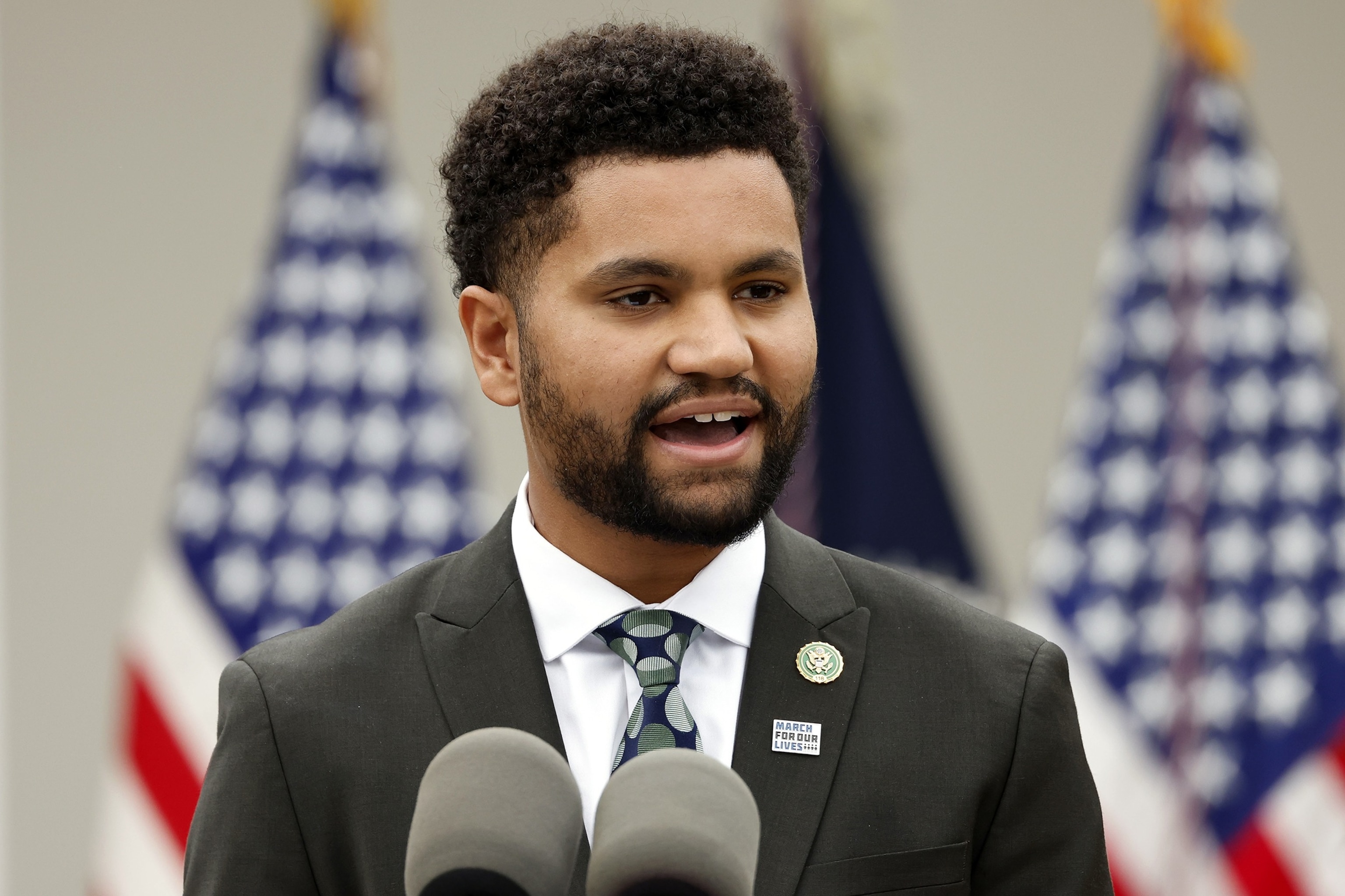 PHOTO: In this Sept. 22, 2023, file photo,  Maxwell Frost speaks during an event on gun safety in the Rose Garden of the White House in Washington, D.C.