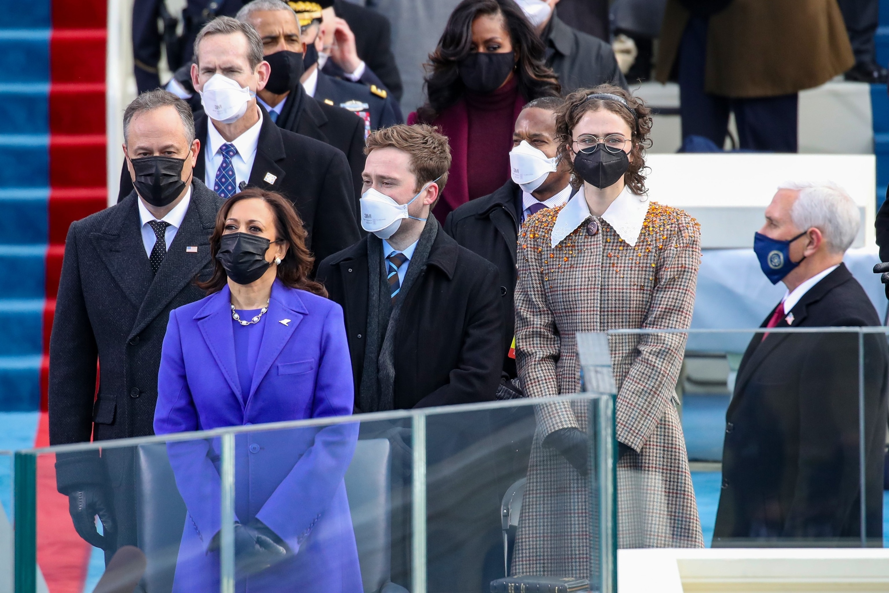 PHOTO: Doug Emhoff (from left), Vice President Kamala Harris, Cole Emhoff and Ella Emhoff stand at the inauguration of U.S. President-elect Joe Biden on the West Front of the U.S. Capitol on Jan. 20, 2021 in Washington, DC.