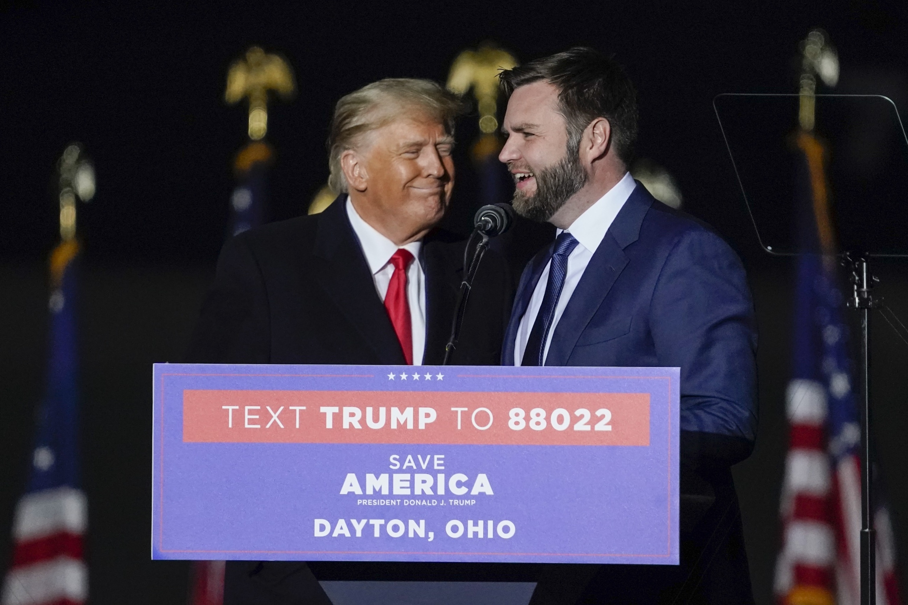 PHOTO: JD Vance, co-founder of Narya Capital Management LLC and Republican Senate candidate for Ohio, right, talks on stage with former President Donald Trump during a 'Save America' rally in Vandalia, Ohio,  Nov. 7, 2022.