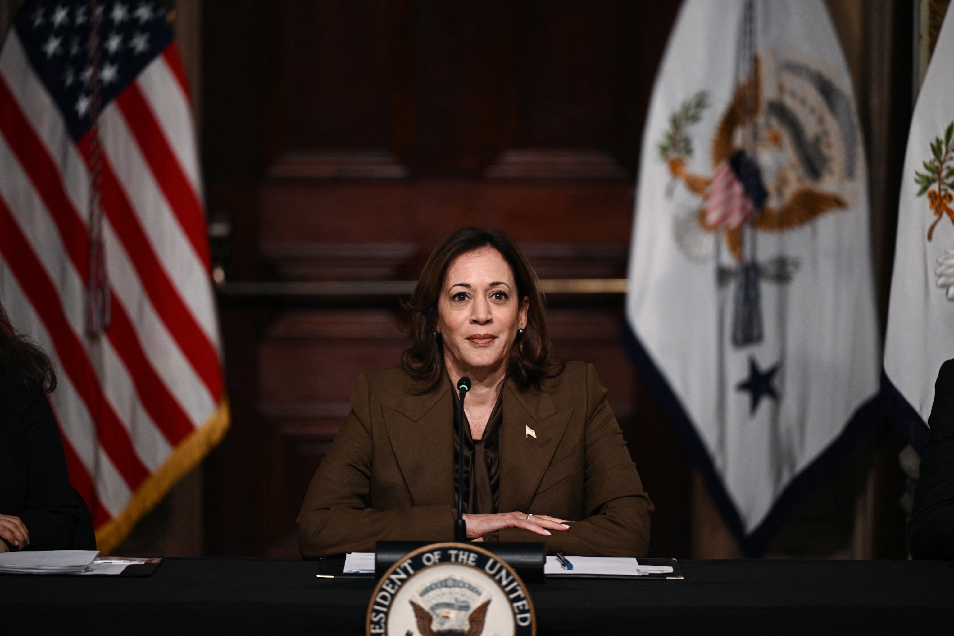 PHOTO: Vice President Kamala Harris attends a meeting with voting rights leaders in the Indian Treaty Room of the Eisenhower Executive Office Building,  Feb. 27, 2024. 