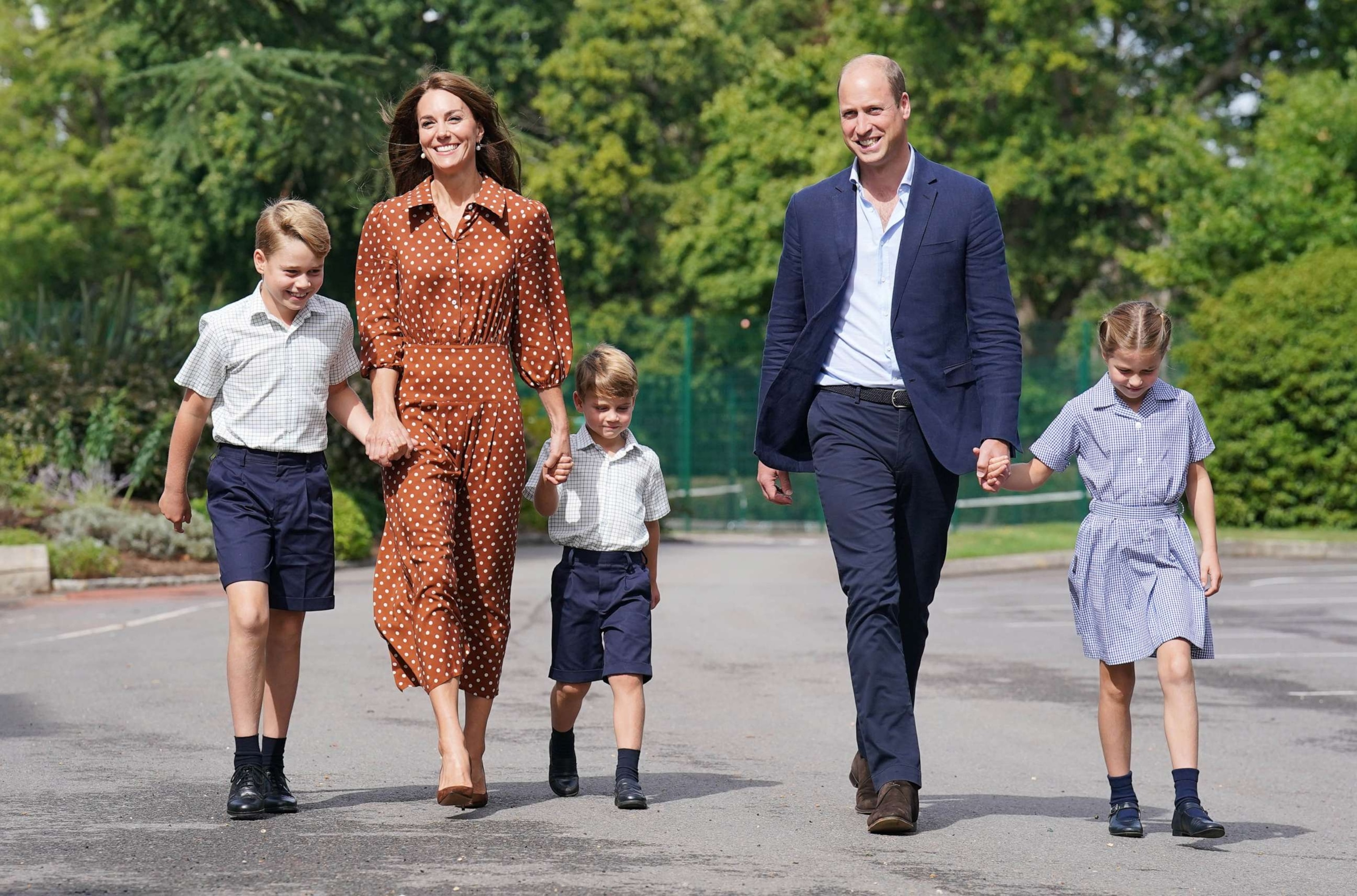 PHOTO: In this Sept. 7, 2022, file photo, Prince George, Princess Charlotte and Prince Louis (C), accompanied by their parents the Prince William, Duke of Cambridge and Catherine, Duchess of Cambridge, arrive at Lambrook School, near Ascot, England.