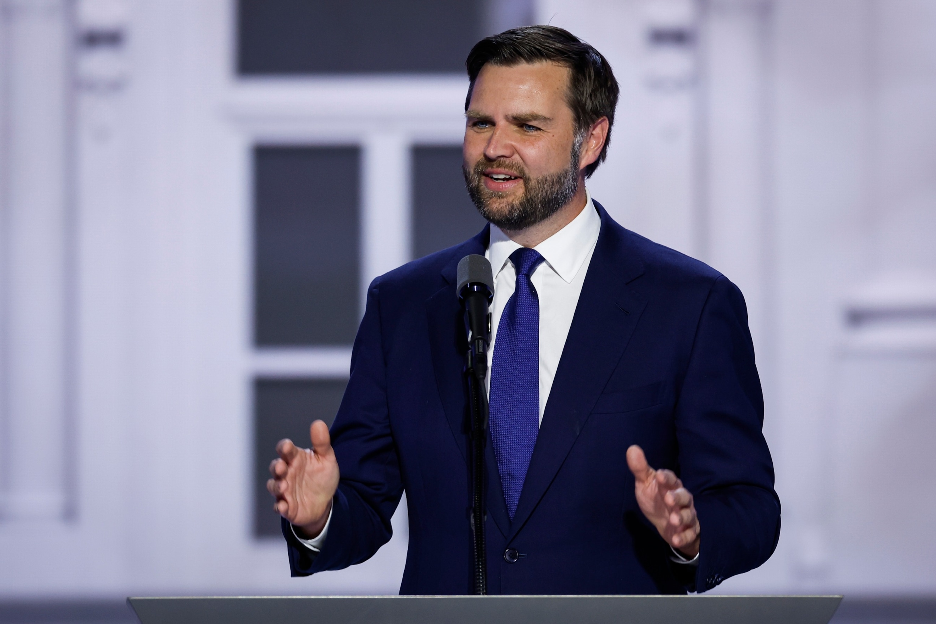 PHOTO: Republican vice presidential candidate, U.S. Sen. J.D. Vance (R-OH) speaks on stage  on the third day of the Republican National Convention on July 17, 2024 in Milwaukee, Wis.