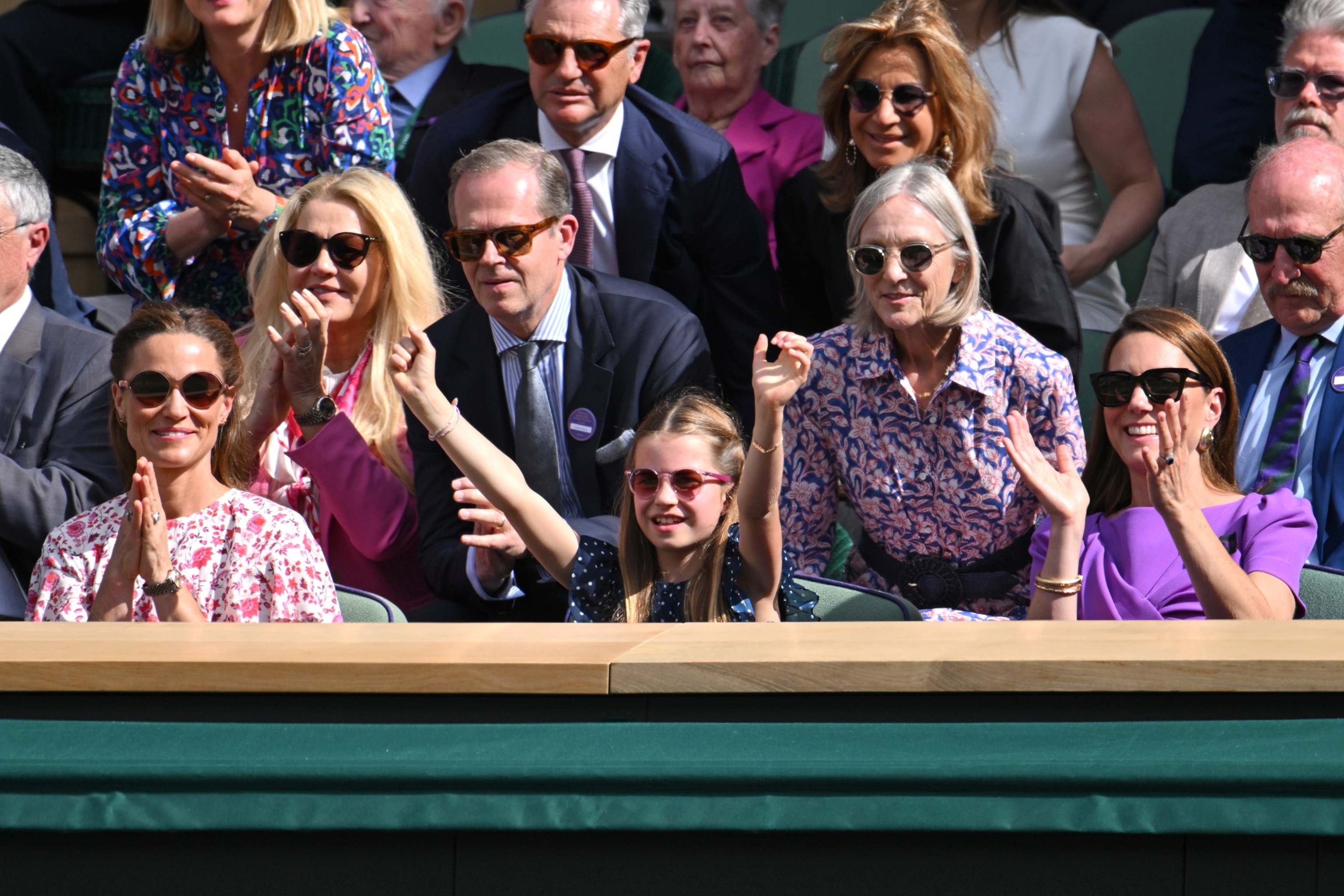 PHOTO: Pippa Middleton, Stefan Edberg, Princess Charlotte of Wales, Marjory Gengler and Catherine Princess of Wales court-side of Centre Court during the men's final at the All England Lawn Tennis and Croquet Club on July 14, 2024 in London.