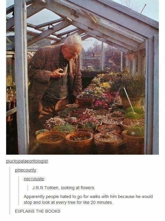 Adaptation - pluckypalaeontologist pinecounty necroluste JRR Tolkien, looking at flowers. Apparently people hated to go for walks with him because he would stop and look at every tree for Ilike 20 minutes. EXPLAINS THE BOOKS