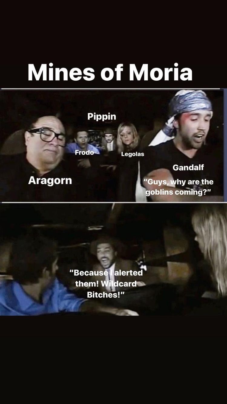 Photo caption - Mines of Moria Pippin Frodo Legolas Gandalf Aragorn "Guys, why are the goblins coming?" "Because alerted them! Wildcard Bitches!"