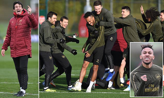 Arsenal stars pile on star striker Aubameyang in training ahead of Man ...