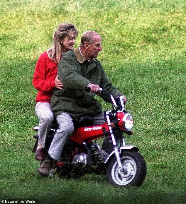 They are pictured together on a minibike in 2000. Blonde, slim and still strikingly beautiful, Penny, who is 32 years younger than Philip, has known the Duke for decades and been his partner in carriage-driving competitions since 1994