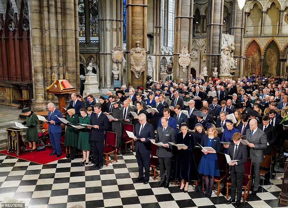 Front L to R: The Queen stands with Prince Charles, Camilla Duchess of Cornwall, Anne Princess Royal, Vice Admiral Sir Timothy Laurence, Prince Andrew Duke of York, Prince Edward, Earl of Wessex, his wife Sophie, Countess of Wessex, Lady Louise Mountbatten-Windsor, James, Viscount Severn. Behind is L to R: Prince William, Catherine, Duchess of Cambridge, Prince George, Princess Charlotte, Peter Phillips, Isla Phillips, Savannah Phillips, Mia Tindall, Zara Tindall and Mike Tindall. They were attending a service of thanksgiving for late Prince Philip, Duke of Edinburgh