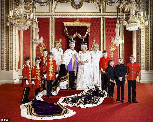 Queen Camilla was joined by two elegant companions as she walked alongside her sister Annabel Elliot and close friend The Marchioness of Lansdowne during the historic Coronation ceremony earlier this year. Pictured left to right: Ralph Tollemache, Lord Oliver Cholmondeley, Nicholas Barclay, Prince George, the Marchioness of Lansdowne, King Charles III, Queen Camilla, the Queen's sister Annabel Elliot, the Queen's grandson Freddy Parker Bowles, the Queen's great-nephew Arthur Elliot, and the Queen's grandsons Gus Lopes and Louis Lopes