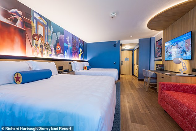 The hotel rooms contain murals featuring various Pixar film scenes, from Finding Nemo to Ratatouille