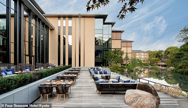 The indoor, top, and outdoor dining area at the Emba Kyoto Chophouse, overlooking the lake