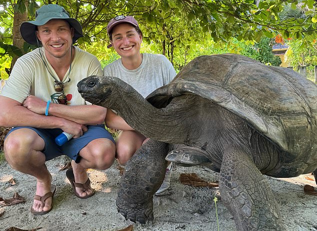 Castaways: Harriet, with her husband Dan and George the tortoise, Desroches's eldest resident