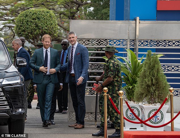 Prince Harry arrives to visit Nigeria's Defence Headquarters in Abuja this afternoon