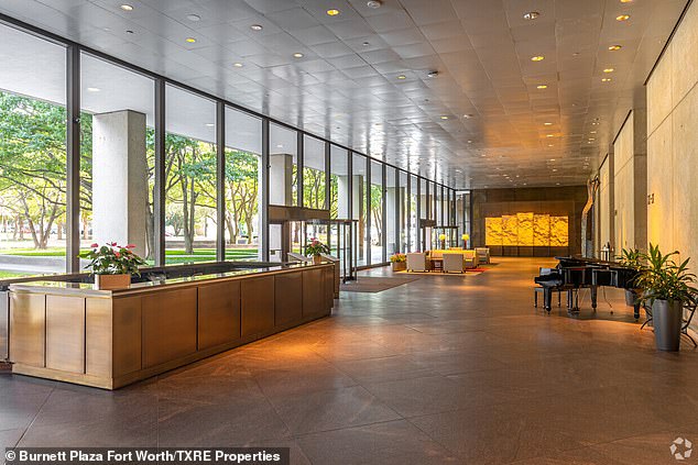 The 40-story building was bought by Pinnacle Bank Texas during the auction at the Tarrant County courthouse on Tuesday (pictured, its foyer)