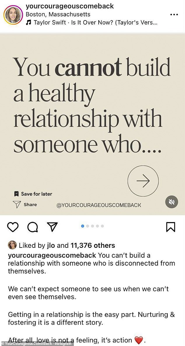 And on Thursday, she notably liked a scathing break-up post about 'lack of integrity and respect' on Instagram