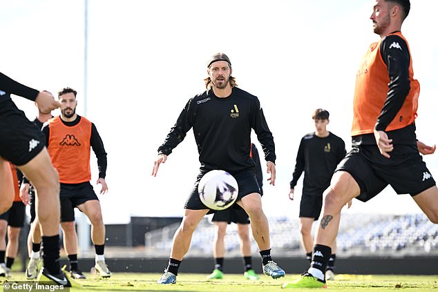 Brattan (pictured middle) will be joined by the likes of Socceroos star Mat Leckie (left) and young gun Nestory Irankunda in the clash against the Magpies