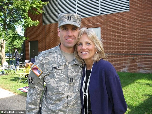 Beau Biden, dressed in his military uniform, is pictured here with Jill Biden