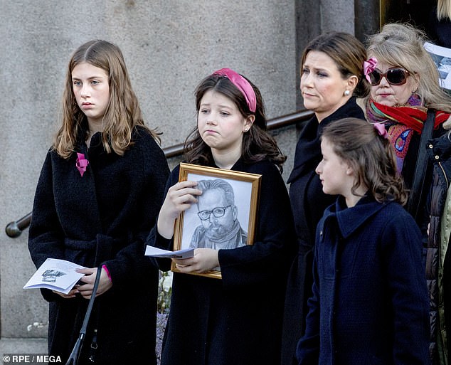 Maud Angelica Behn (centre), Leah Isadora Behn (left) and Emma Tallulah Behn (right) leave at the Cathedral of Oslo, on January 3, 2020, after attending their father's funeral alongside their mother, Princess Märtha Louise (second back)