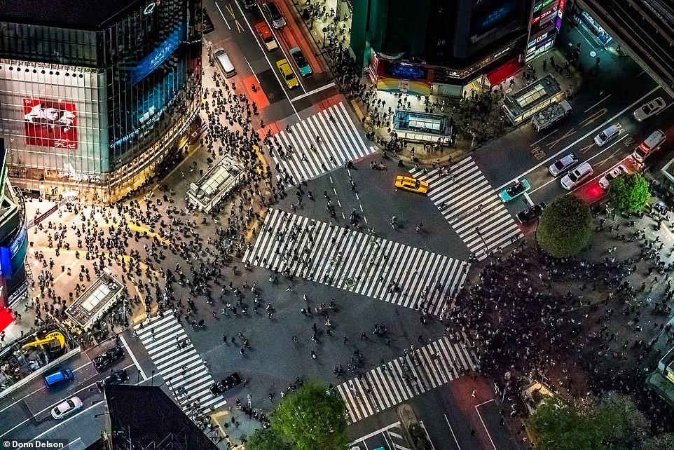 This energetic image shows Shibuya Crossing in Tokyo. Donn says:  'I've been fortunate to visit many incredible places and shoot from the air. Japan is a favourite in its stunning natural beauty and unique, almost never-ending urban landscapes'