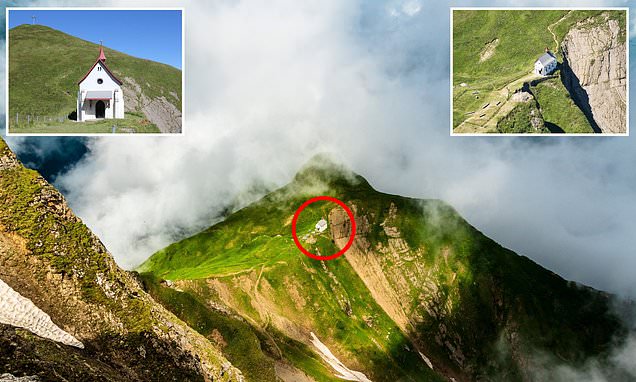 Pictured: The incredible neo-Gothic chapel that sits over 6,000ft up on the edge of a