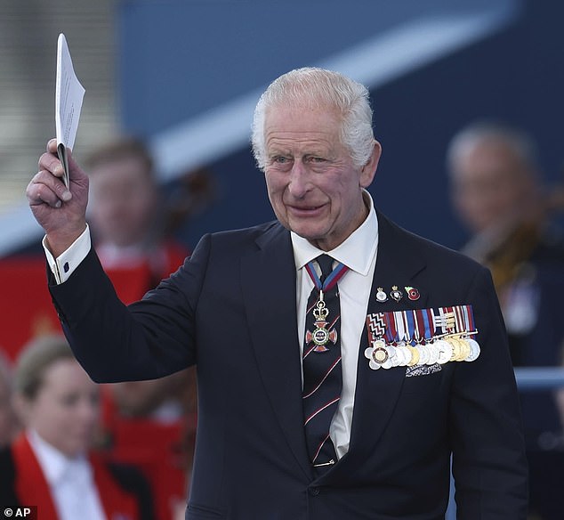 Charles today proudly displayed his array of medals today as he led the Royal Family in marking the 80th anniversary of D-Day in Portsmouth