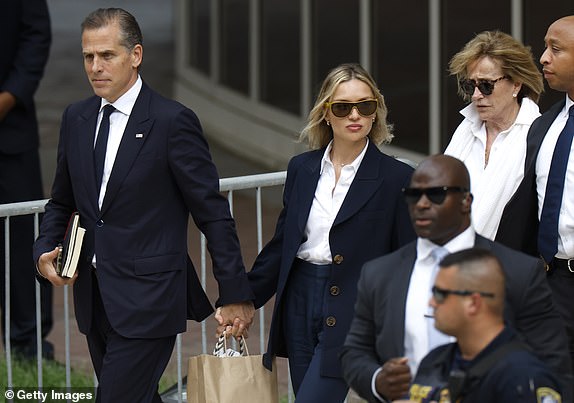 WILMINGTON, DELAWARE - JUNE 06: (L-R) Hunter Biden, the son of U.S. President Joe Biden, his wife Melissa Cohen Biden and Valerie Biden Owens leave the J. Caleb Boggs Federal Building on June 06, 2024 in Wilmington, Delaware. The trial for Hunter Biden's felony gun charges continues today with additional witnesses. (Photo by Kevin Dietsch/Getty Images)