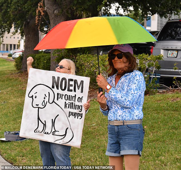 Protesters show up to criticize Kristi Noem at a Republican event