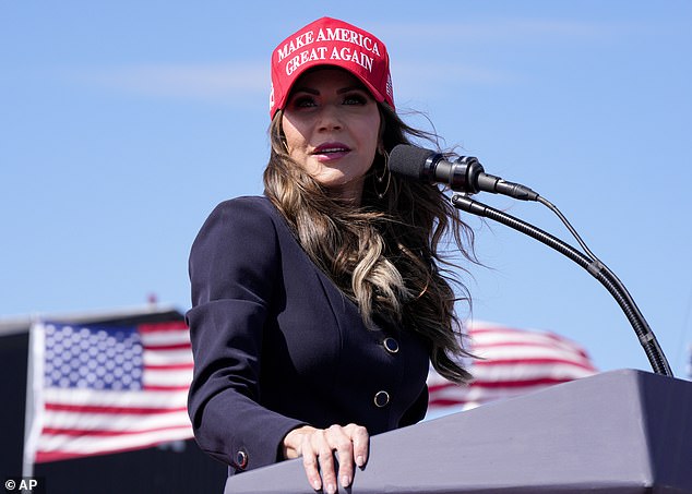 South Dakota Gov. Kristi Noem speaks prior to remarks from Republican presidential candidate and former President Donald Trump at a campaign rally